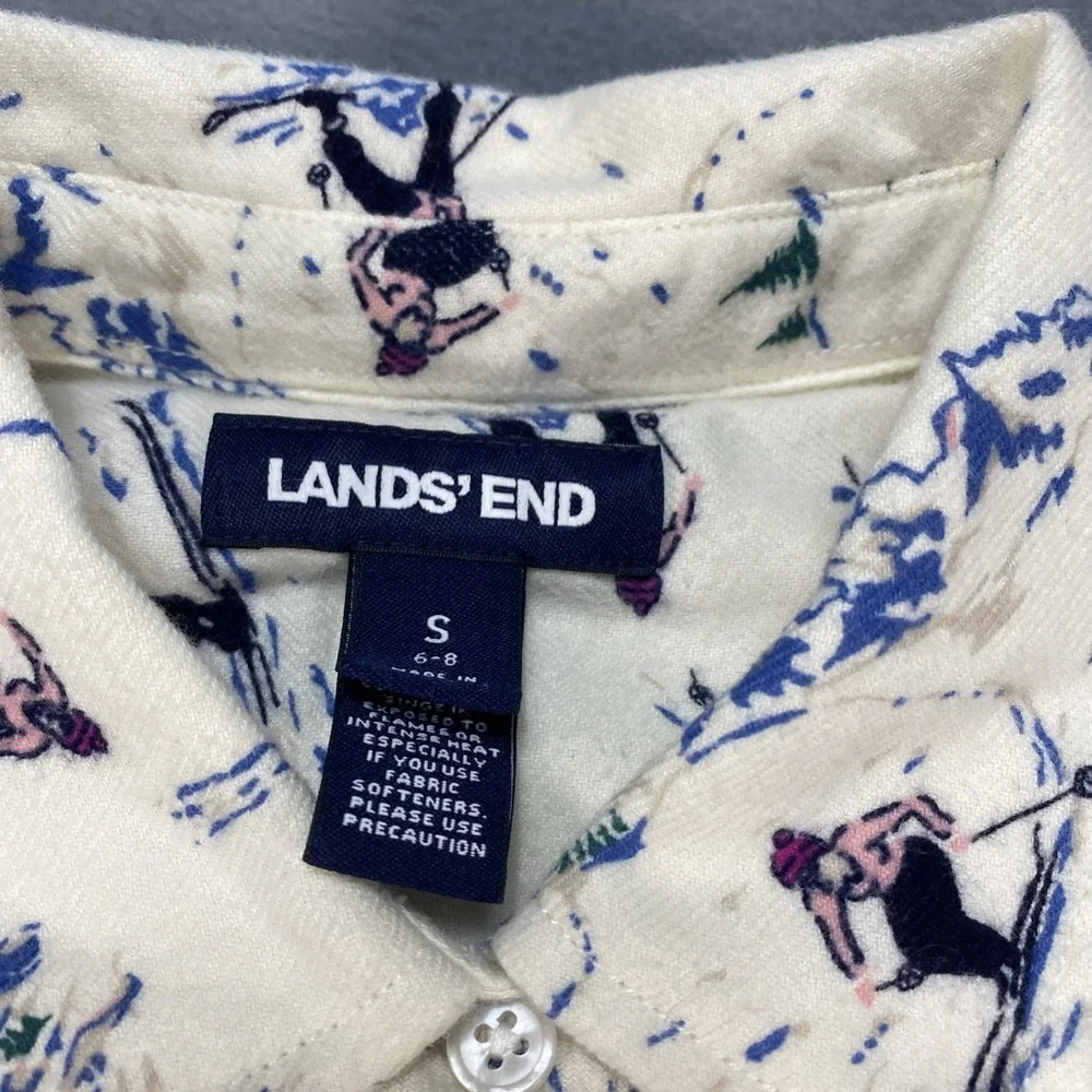 Lands End Women's Flannel Cream Button Down Skier Graphic Small Mountains‎